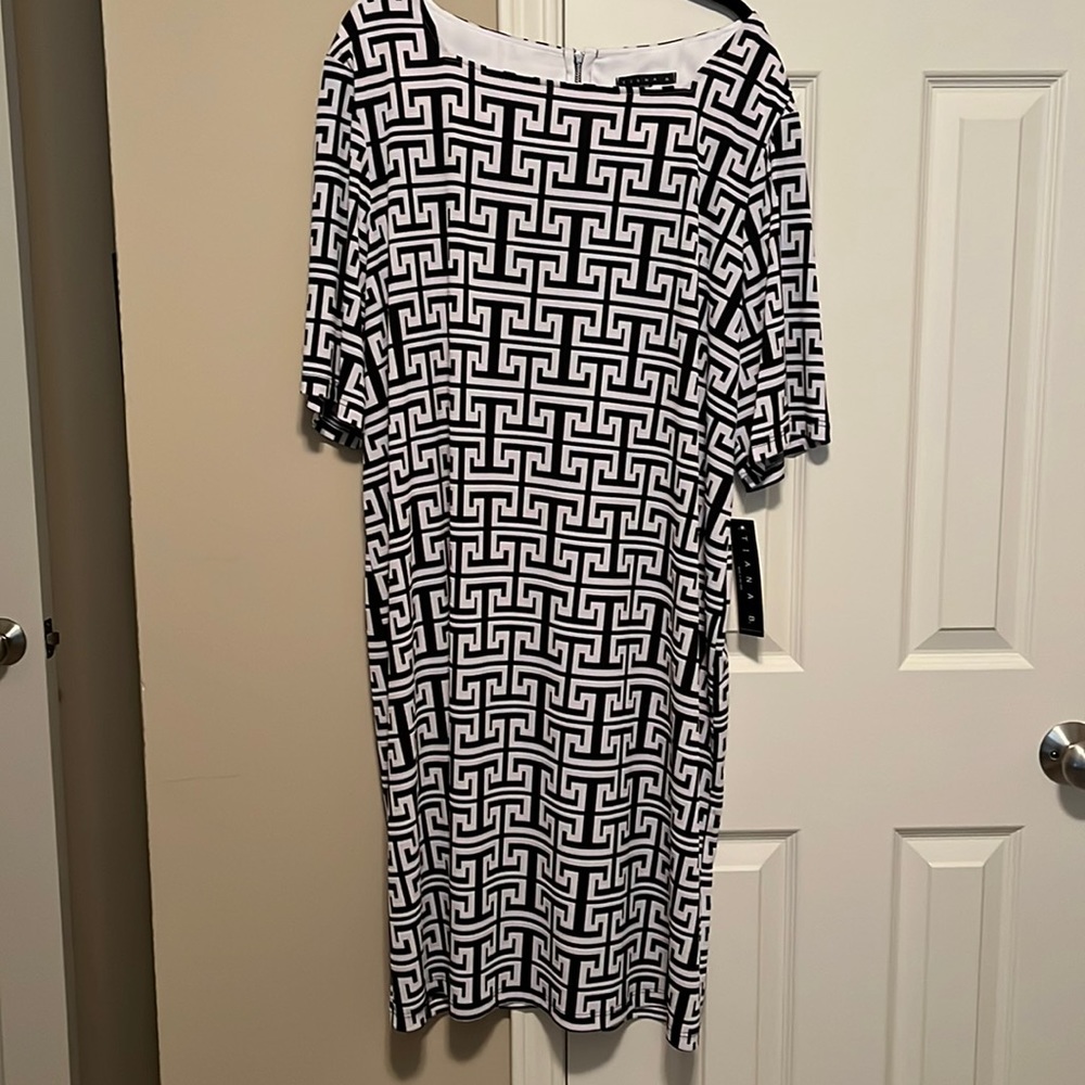 Plus size tea length black and white graphic dress. NWT